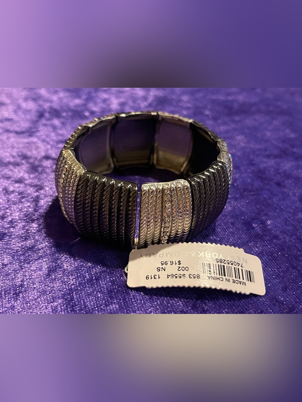 New York & Company Silvertone and Gunmetal Rhinestone Panel Stretch Bracelet NWT